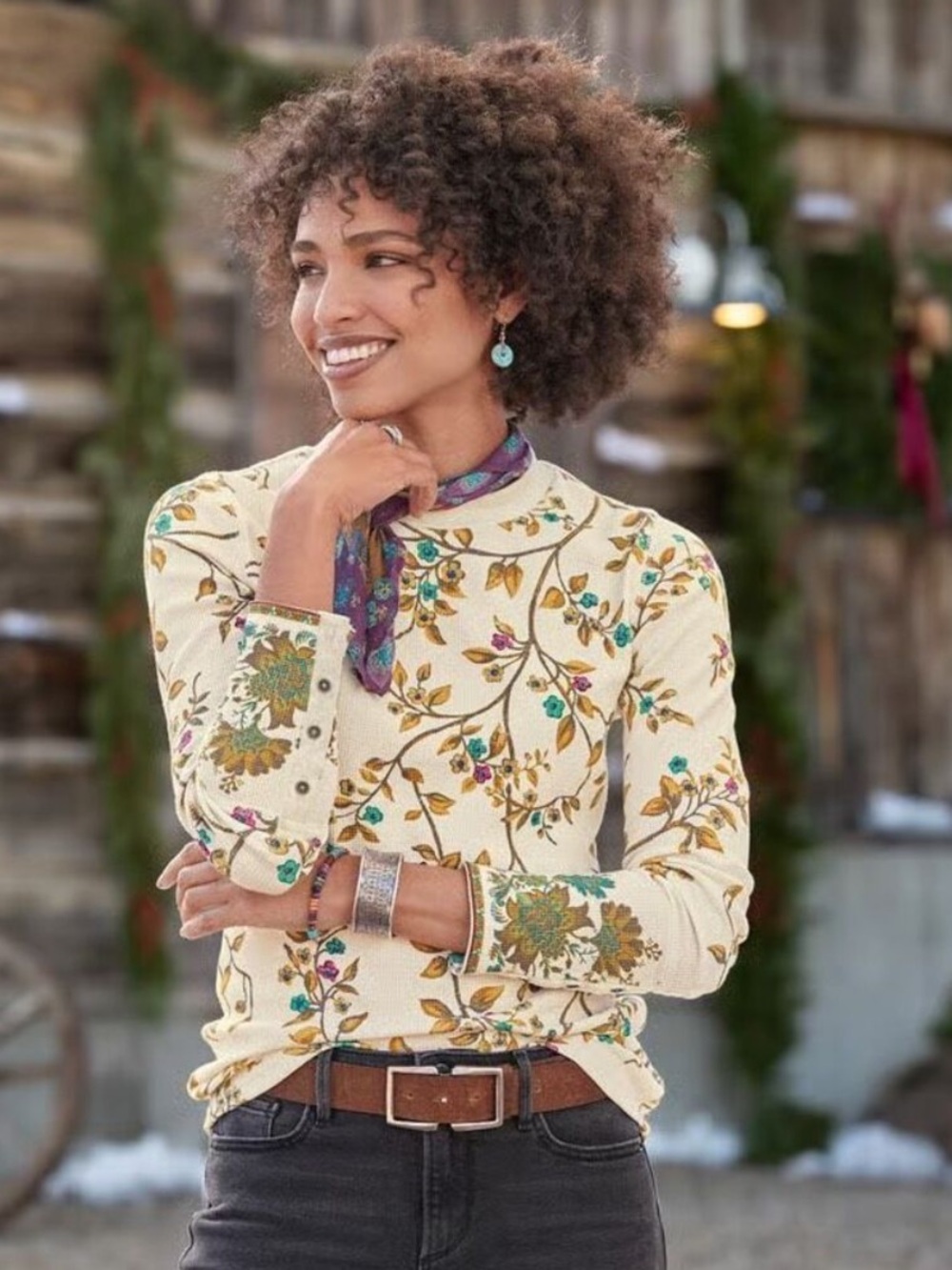 Sundance Cotton Floral Boho Branch Waffle Thermal Top Cream See Measurements